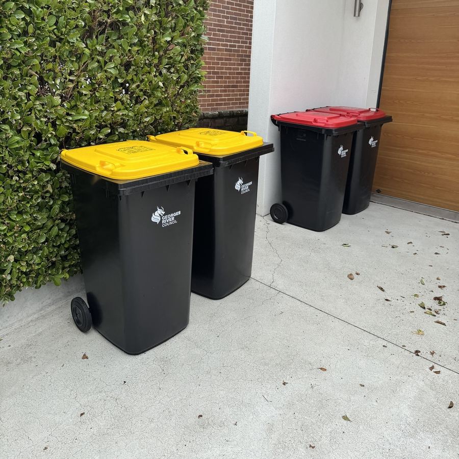 Clean bins returned upright and neatly lined up, lids closed